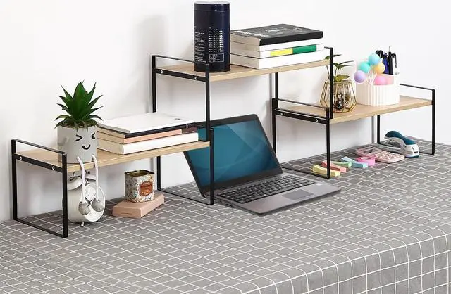 Alt view image 3 of 7 - YGYQZ Wood Office Desk Shelf Organizer - Desktop Supplies Cute Dresser Top Organization Storage Rack and Cubicle Decor Aesthetic Bookshelf for Women Man and Kids (Black Wood-Three Tier)
