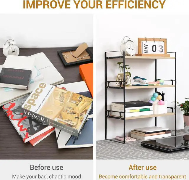 Alt view image 4 of 7 - YGYQZ Wood Office Desk Shelf Organizer - Desktop Supplies Cute Dresser Top Organization Storage Rack and Cubicle Decor Aesthetic Bookshelf for Women Man and Kids (Black Wood-Three Tier)