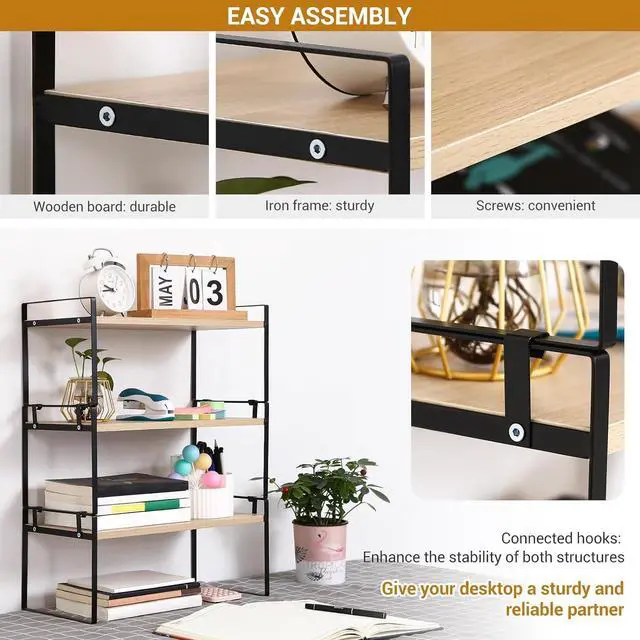 Alt view image 6 of 7 - YGYQZ Wood Office Desk Shelf Organizer - Desktop Supplies Cute Dresser Top Organization Storage Rack and Cubicle Decor Aesthetic Bookshelf for Women Man and Kids (Black Wood-Three Tier)