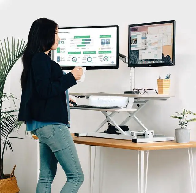 Alt view image 3 of 7 - VRSADESK PowerPro Electric Standing Desk Converter - Height Adjustable Desk Riser with Keyboard Tray - Holds 80 lbs - Built-in USB Charging Port - Ergonomic Sit Stand Workstation | White (36 inch)