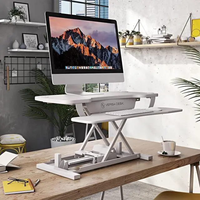 Alt view image 7 of 7 - VRSADESK PowerPro Electric Standing Desk Converter - Height Adjustable Desk Riser with Keyboard Tray - Holds 80 lbs - Built-in USB Charging Port - Ergonomic Sit Stand Workstation | White (36 inch)