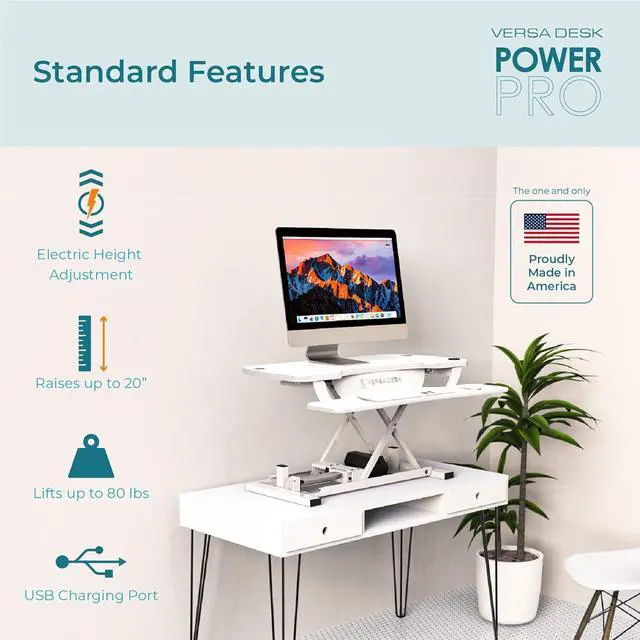 Alt view image 2 of 7 - VRSADESK PowerPro Electric Standing Desk Converter - Height Adjustable Desk Riser with Keyboard Tray - Holds 80 lbs - Built-in USB Charging Port - Ergonomic Sit Stand Workstation | White (36 inch)