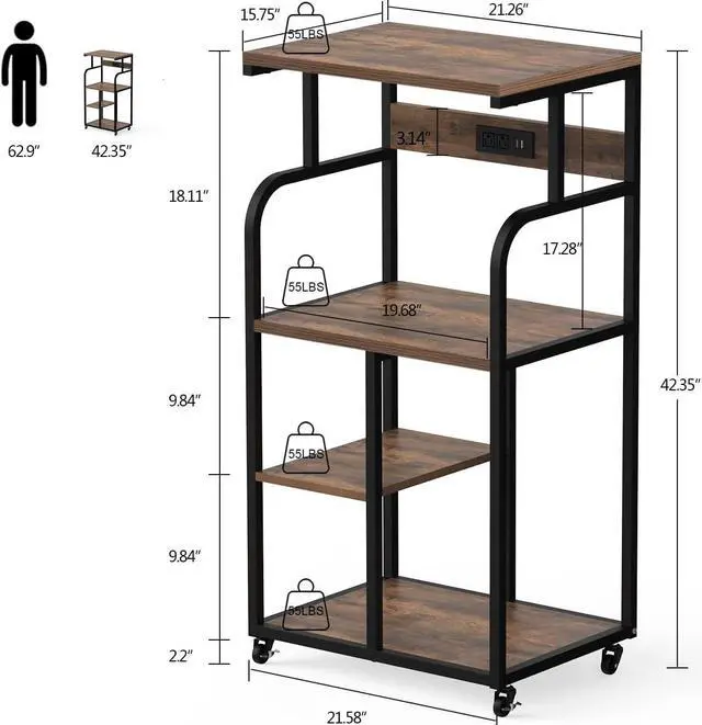 Alt view image 3 of 6 - Large Printer Stand Cart with Charging Station USB Port 21.2"x15.7"x42.3" Tall 3-Tier Printer Stand with Adjustable Shelf Storage Home Office Rolling Printer Stand with Wheels