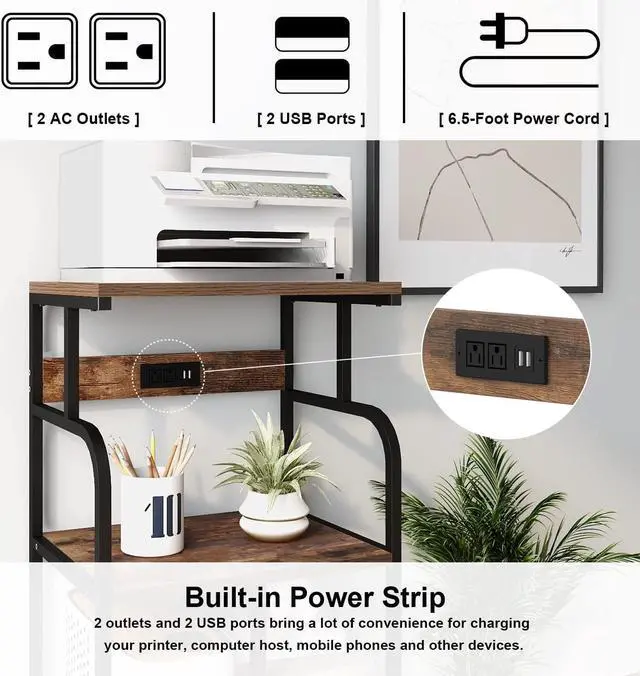 Alt view image 2 of 6 - Large Printer Stand Cart with Charging Station USB Port 21.2"x15.7"x42.3" Tall 3-Tier Printer Stand with Adjustable Shelf Storage Home Office Rolling Printer Stand with Wheels