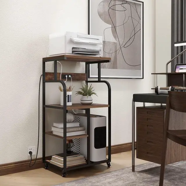 Alt view image 4 of 6 - Large Printer Stand Cart with Charging Station USB Port 21.2"x15.7"x42.3" Tall 3-Tier Printer Stand with Adjustable Shelf Storage Home Office Rolling Printer Stand with Wheels