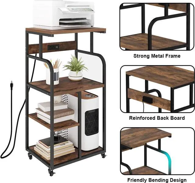Alt view image 5 of 6 - Large Printer Stand Cart with Charging Station USB Port 21.2"x15.7"x42.3" Tall 3-Tier Printer Stand with Adjustable Shelf Storage Home Office Rolling Printer Stand with Wheels
