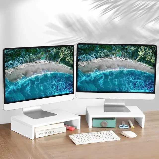 Alt view image 2 of 7 - TEAMIX White Monitor Stand Riser-2 Pack,Wood 2 Tier Adjustable Dual Monitor Riser for 2 Monitors/Laptop/PC Computer Stand for Desk