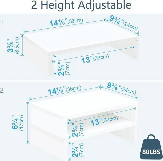 Alt view image 4 of 7 - TEAMIX White Monitor Stand Riser-2 Pack,Wood 2 Tier Adjustable Dual Monitor Riser for 2 Monitors/Laptop/PC Computer Stand for Desk