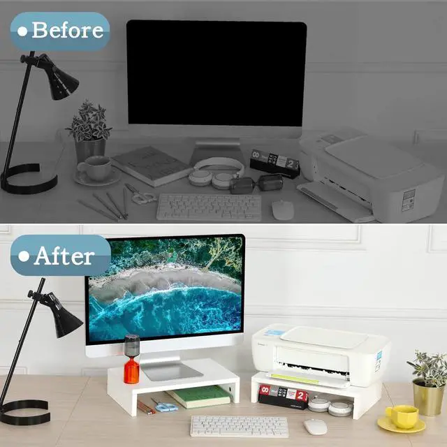 Alt view image 6 of 7 - TEAMIX White Monitor Stand Riser-2 Pack,Wood 2 Tier Adjustable Dual Monitor Riser for 2 Monitors/Laptop/PC Computer Stand for Desk