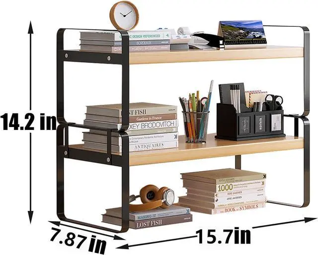 Alt view image 2 of 6 - YGYQZ Wood Office Desk Shelf Organizer - Desktop Supplies Cute Dresser Top Organization Storage Rack and Cubicle Decor Aesthetic Bookshelf for Women Man and Kids (Black-Two Tier)