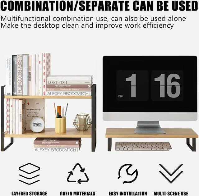 Alt view image 5 of 6 - YGYQZ Wood Office Desk Shelf Organizer - Desktop Supplies Cute Dresser Top Organization Storage Rack and Cubicle Decor Aesthetic Bookshelf for Women Man and Kids (Black-Two Tier)