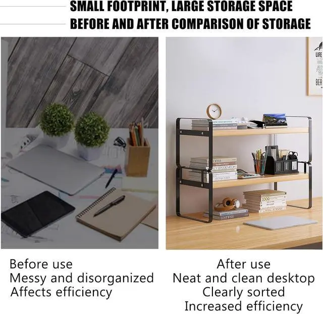 Alt view image 6 of 6 - YGYQZ Wood Office Desk Shelf Organizer - Desktop Supplies Cute Dresser Top Organization Storage Rack and Cubicle Decor Aesthetic Bookshelf for Women Man and Kids (Black-Two Tier)