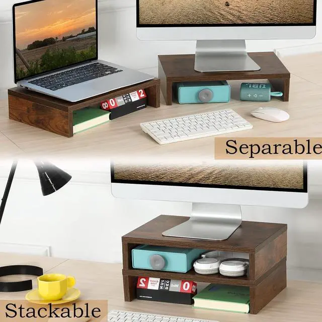 Alt view image 3 of 6 - TEAMIX Monitor Riser - 2 Pack, Rustic Brown Wood Adjustable Stand for 2 Monitors/Laptop/PC