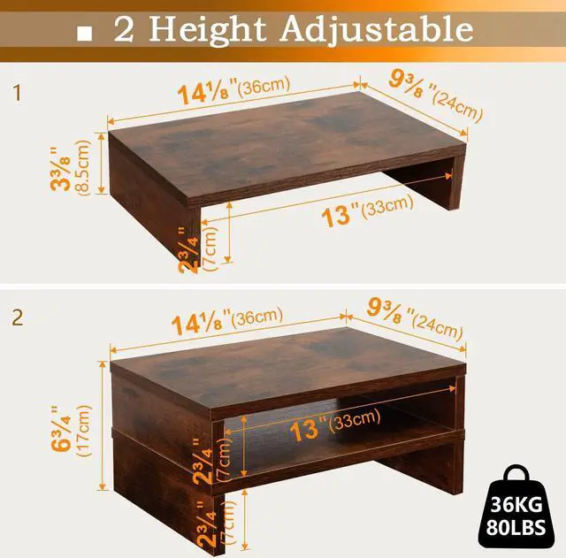 Alt view image 2 of 6 - TEAMIX Monitor Riser - 2 Pack, Rustic Brown Wood Adjustable Stand for 2 Monitors/Laptop/PC