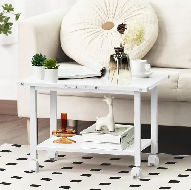 Alt view image 2 of 7 - Lerliuo Under Desk Printer Stand, 2-Tier Industrial Mobile Printer Table with Storage Shelf and Steel Frame, Rolling Printer Cart Holder with Lockable Wheels for Home, Office (White)