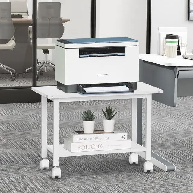 Alt view image 4 of 7 - Lerliuo Under Desk Printer Stand, 2-Tier Industrial Mobile Printer Table with Storage Shelf and Steel Frame, Rolling Printer Cart Holder with Lockable Wheels for Home, Office (White)
