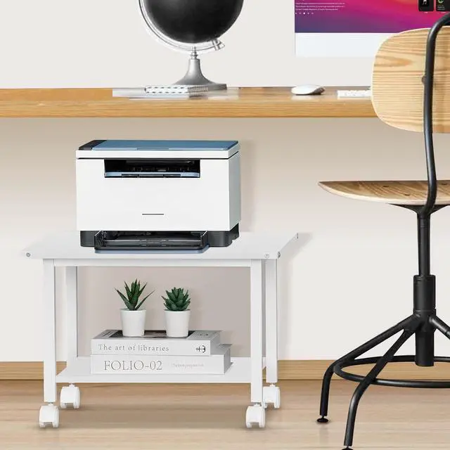 Alt view image 5 of 7 - Lerliuo Under Desk Printer Stand, 2-Tier Industrial Mobile Printer Table with Storage Shelf and Steel Frame, Rolling Printer Cart Holder with Lockable Wheels for Home, Office (White)