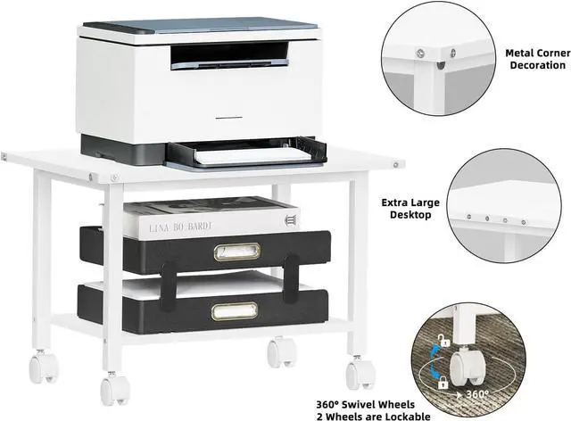 Alt view image 6 of 7 - Lerliuo Under Desk Printer Stand, 2-Tier Industrial Mobile Printer Table with Storage Shelf and Steel Frame, Rolling Printer Cart Holder with Lockable Wheels for Home, Office (White)