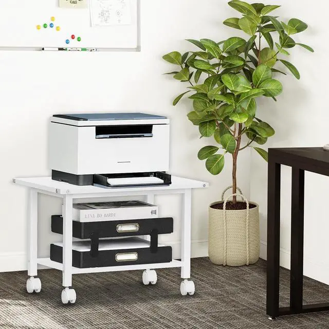 Alt view image 7 of 7 - Lerliuo Under Desk Printer Stand, 2-Tier Industrial Mobile Printer Table with Storage Shelf and Steel Frame, Rolling Printer Cart Holder with Lockable Wheels for Home, Office (White)