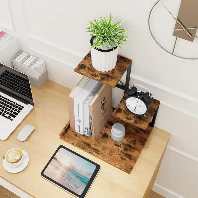 Alt view image 2 of 7 - ELITEROO Desk Shelf Organizer, Wood Desktop Organizer Small Bookshelf, 3 Tier Storage Shelf Riser Display Stand for Office Decor and Desk Accessories, Rustic Brown Black