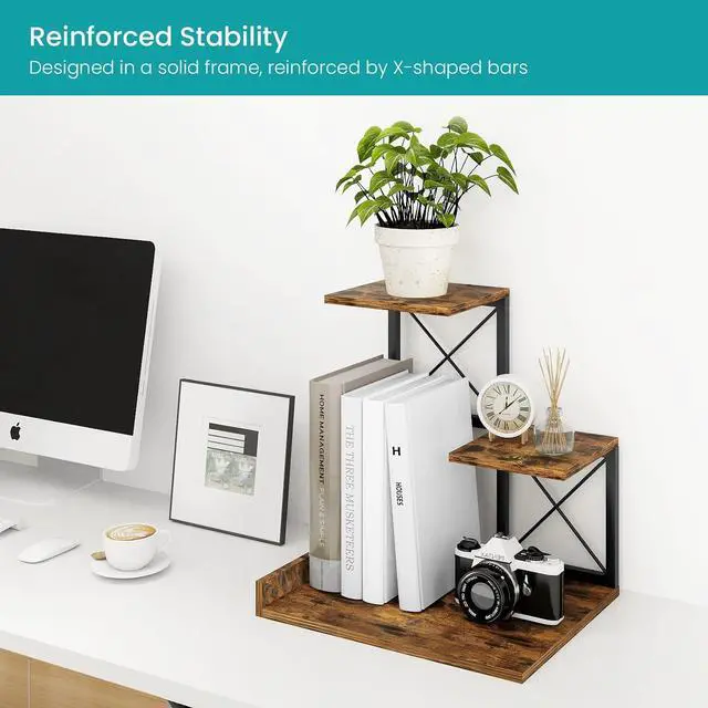 Alt view image 6 of 7 - ELITEROO Desk Shelf Organizer, Wood Desktop Organizer Small Bookshelf, 3 Tier Storage Shelf Riser Display Stand for Office Decor and Desk Accessories, Rustic Brown Black