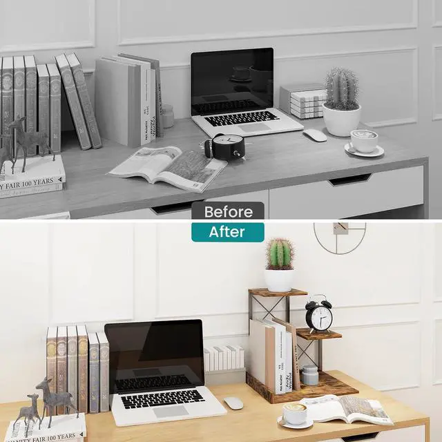 Alt view image 7 of 7 - ELITEROO Desk Shelf Organizer, Wood Desktop Organizer Small Bookshelf, 3 Tier Storage Shelf Riser Display Stand for Office Decor and Desk Accessories, Rustic Brown Black