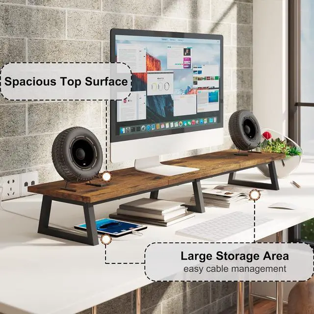 Alt view image 2 of 7 - TEAMIX 42 inch Large [Dual] [Monitor] [Riser],Rustic Brown Extra Long TV [Stand Wood & Steel Desktop [Riser] with Storage for [Dual] Screen Office Desk Organization