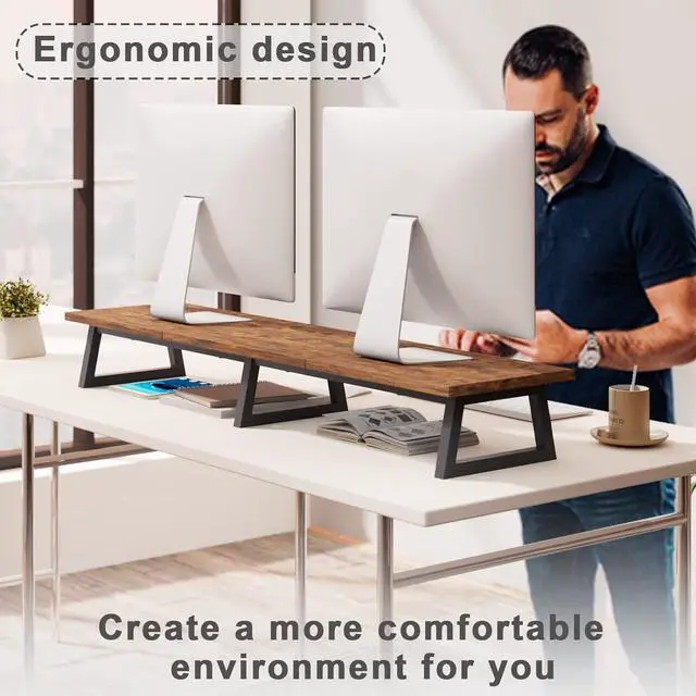 Alt view image 3 of 7 - TEAMIX 42 inch Large [Dual] [Monitor] [Riser],Rustic Brown Extra Long TV [Stand Wood & Steel Desktop [Riser] with Storage for [Dual] Screen Office Desk Organization