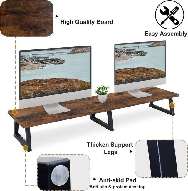 Alt view image 4 of 7 - TEAMIX 42 inch Large [Dual] [Monitor] [Riser],Rustic Brown Extra Long TV [Stand Wood & Steel Desktop [Riser] with Storage for [Dual] Screen Office Desk Organization