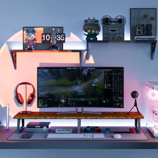 Alt view image 6 of 7 - TEAMIX 42 inch Large [Dual] [Monitor] [Riser],Rustic Brown Extra Long TV [Stand Wood & Steel Desktop [Riser] with Storage for [Dual] Screen Office Desk Organization