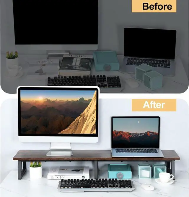 Alt view image 7 of 7 - TEAMIX 42 inch Large [Dual] [Monitor] [Riser],Rustic Brown Extra Long TV [Stand Wood & Steel Desktop [Riser] with Storage for [Dual] Screen Office Desk Organization