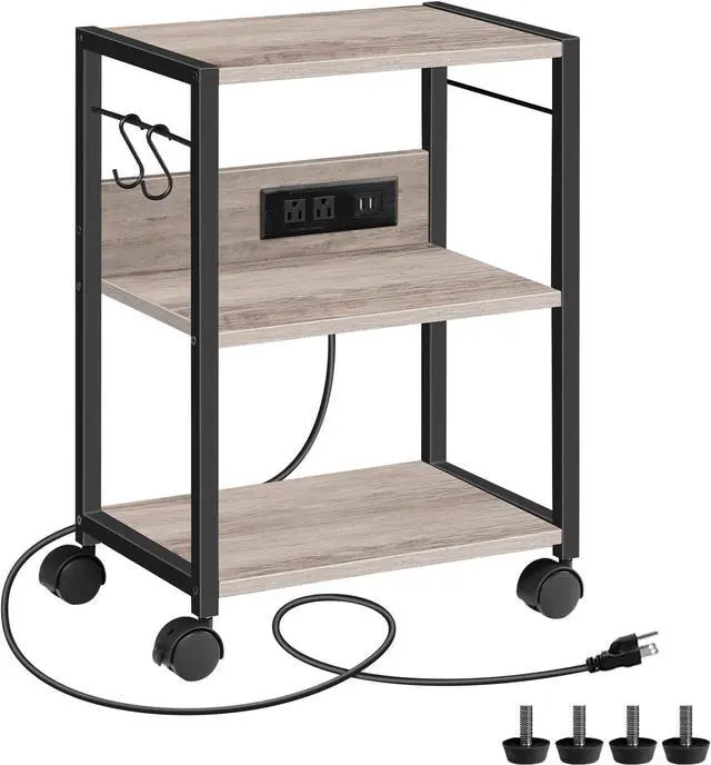 Main image of Industrial Printer Cart, 3-Tier Mobile Printer Stand, Rolling Cart with Power Outlets and USB Ports, Home Printer Stand with 2 Hooks, for Office, Living Room, Greige PTHG40E01