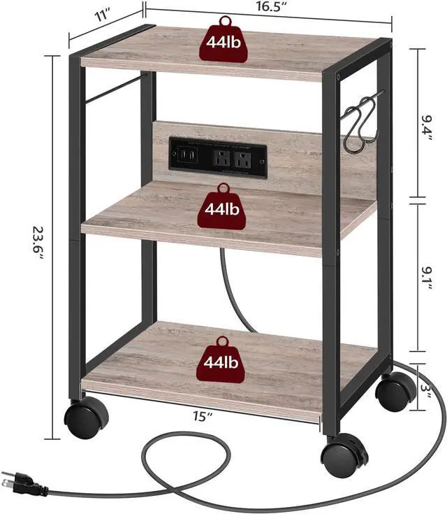 Alt view image 5 of 7 - Industrial Printer Cart, 3-Tier Mobile Printer Stand, Rolling Cart with Power Outlets and USB Ports, Home Printer Stand with 2 Hooks, for Office, Living Room, Greige PTHG40E01