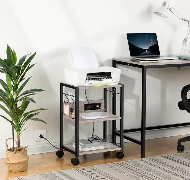 Alt view image 6 of 7 - Industrial Printer Cart, 3-Tier Mobile Printer Stand, Rolling Cart with Power Outlets and USB Ports, Home Printer Stand with 2 Hooks, for Office, Living Room, Greige PTHG40E01