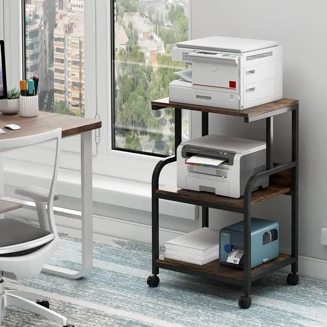 Alt view image 2 of 7 - Printer Stand, 3 Tier Printer Cart with Storage Shelf, Rolling Printer Table with Wheels for Home Office Organization, Stand for Heat Press Microwave, Industrial Style