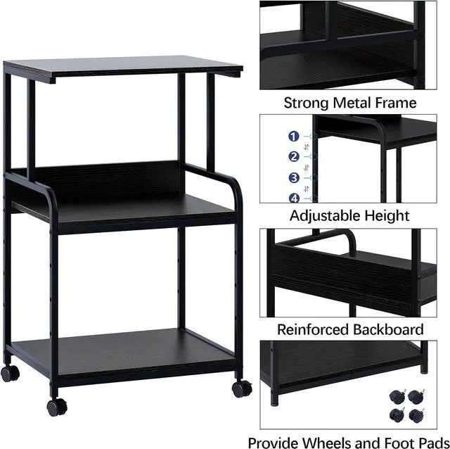 Alt view image 2 of 7 - Printer Stand with Storage Shelf,3 Tier Printer Cart with Wheels,Mobile Printer Table for Home Office,Stands for Printer Heat Press Scanner Fax,Industrial Style (Black)