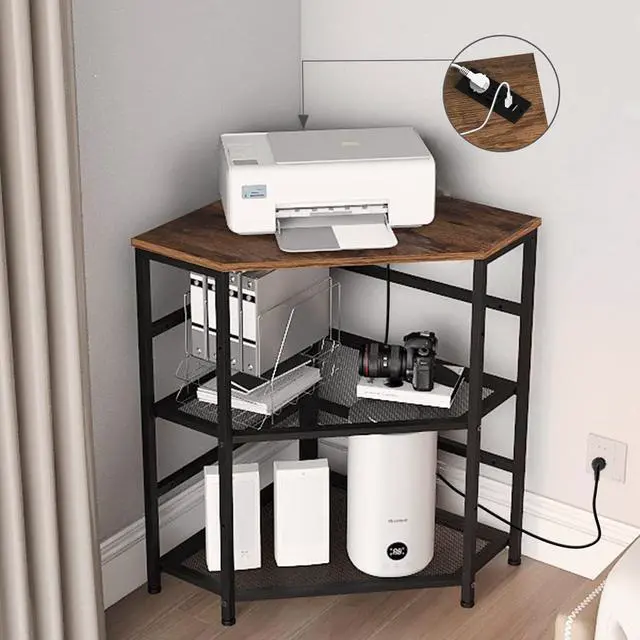 Main image of VEDECASA Corner Printer Stand Table with Power Outlet Charging Plugs USB Port Adjustable Storage Shelf Computer Tower CPU Stand Holder for Home Office (Brown)