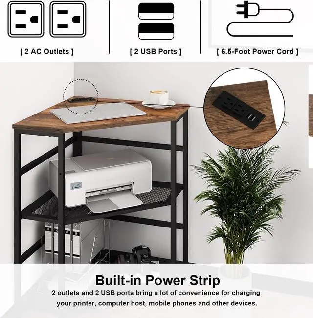 Alt view image 2 of 7 - VEDECASA Corner Printer Stand Table with Power Outlet Charging Plugs USB Port Adjustable Storage Shelf Computer Tower CPU Stand Holder for Home Office (Brown)
