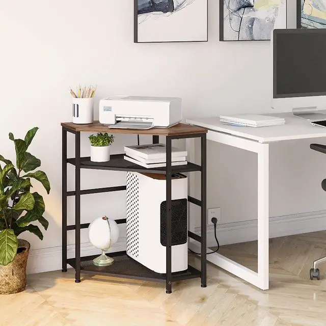 Alt view image 3 of 7 - VEDECASA Corner Printer Stand Table with Power Outlet Charging Plugs USB Port Adjustable Storage Shelf Computer Tower CPU Stand Holder for Home Office (Brown)