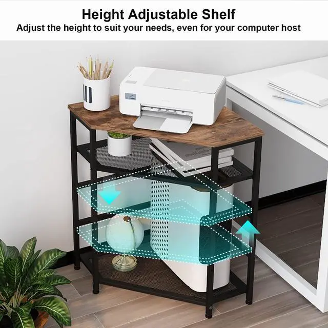 Alt view image 4 of 7 - VEDECASA Corner Printer Stand Table with Power Outlet Charging Plugs USB Port Adjustable Storage Shelf Computer Tower CPU Stand Holder for Home Office (Brown)