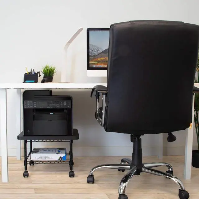 Alt view image 2 of 7 - Mount-It! Under Desk Printer Stand with Wheels | Mobile Printer and Fax Cart with Storage Shelf for Office and Home Use, 2 Tiers (Black)
