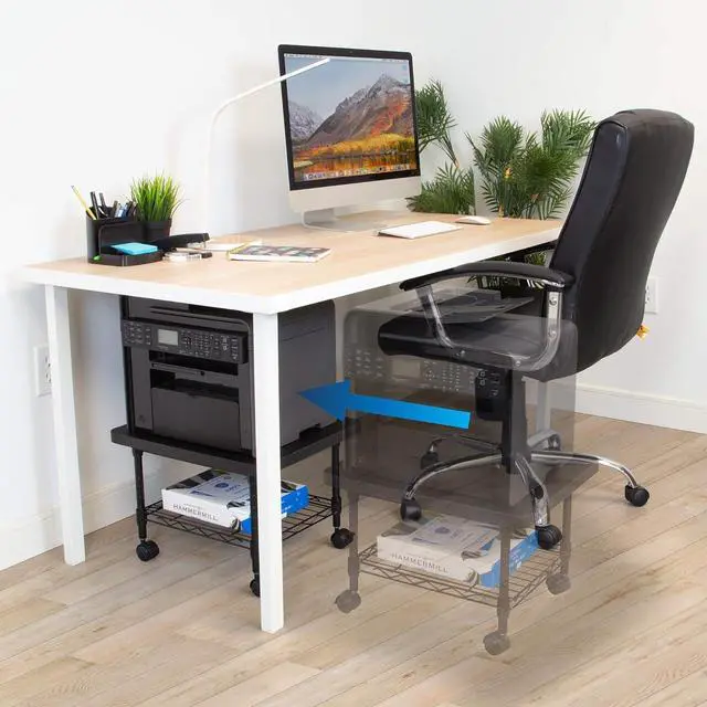 Alt view image 3 of 7 - Mount-It! Under Desk Printer Stand with Wheels | Mobile Printer and Fax Cart with Storage Shelf for Office and Home Use, 2 Tiers (Black)