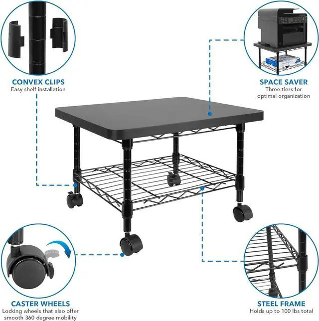 Alt view image 4 of 7 - Mount-It! Under Desk Printer Stand with Wheels | Mobile Printer and Fax Cart with Storage Shelf for Office and Home Use, 2 Tiers (Black)
