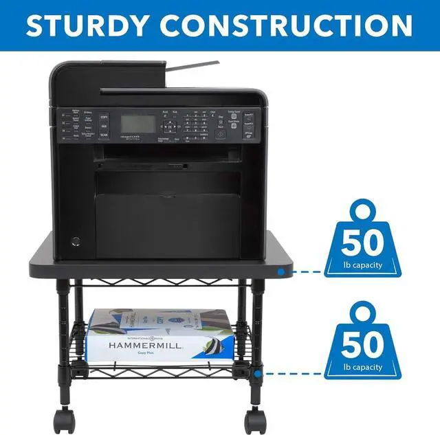 Alt view image 7 of 7 - Mount-It! Under Desk Printer Stand with Wheels | Mobile Printer and Fax Cart with Storage Shelf for Office and Home Use, 2 Tiers (Black)