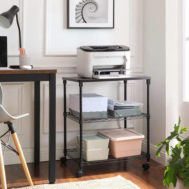 Alt view image 2 of 7 - SONGMICS 3 Tier Printer Stand, Printer Table with Wheels, Rolling Printer Cart, Printer Desk with Metal Frame for Home Office, 22 x 18.1 x 26.8 Inches, Black ULGR32BK
