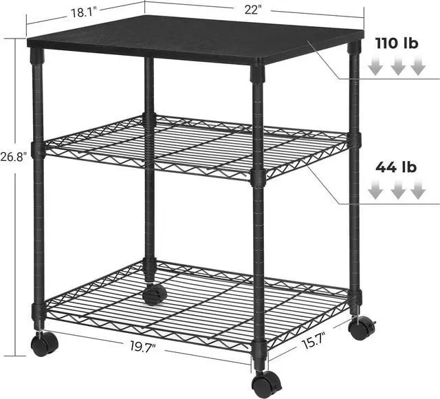 Alt view image 5 of 7 - SONGMICS 3 Tier Printer Stand, Printer Table with Wheels, Rolling Printer Cart, Printer Desk with Metal Frame for Home Office, 22 x 18.1 x 26.8 Inches, Black ULGR32BK