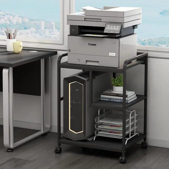 Main image of Printer Stand with Storage Shelf for Home Office Organization, 22 x 18 Inch Large Printer Table with Wheels, Shredder Stand, CPU Stand, Rolling Cart for Host Computer, PC Tower, Desktop- Black