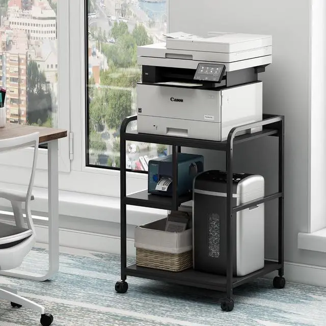 Alt view image 4 of 7 - Printer Stand with Storage Shelf for Home Office Organization, 22 x 18 Inch Large Printer Table with Wheels, Shredder Stand, CPU Stand, Rolling Cart for Host Computer, PC Tower, Desktop- Black