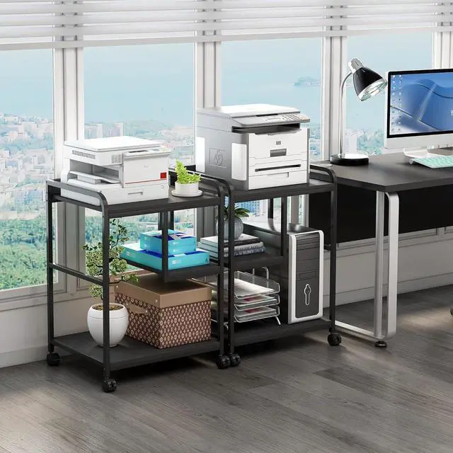 Alt view image 5 of 7 - Printer Stand with Storage Shelf for Home Office Organization, 22 x 18 Inch Large Printer Table with Wheels, Shredder Stand, CPU Stand, Rolling Cart for Host Computer, PC Tower, Desktop- Black