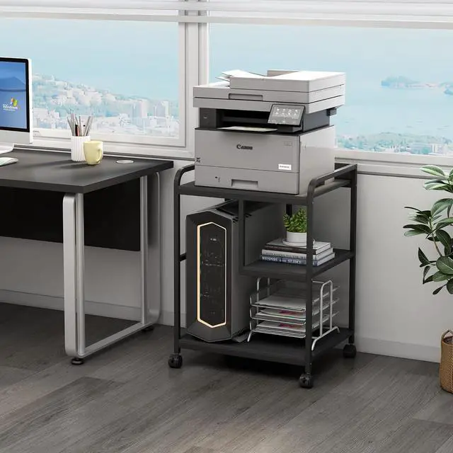 Alt view image 7 of 7 - Printer Stand with Storage Shelf for Home Office Organization, 22 x 18 Inch Large Printer Table with Wheels, Shredder Stand, CPU Stand, Rolling Cart for Host Computer, PC Tower, Desktop- Black